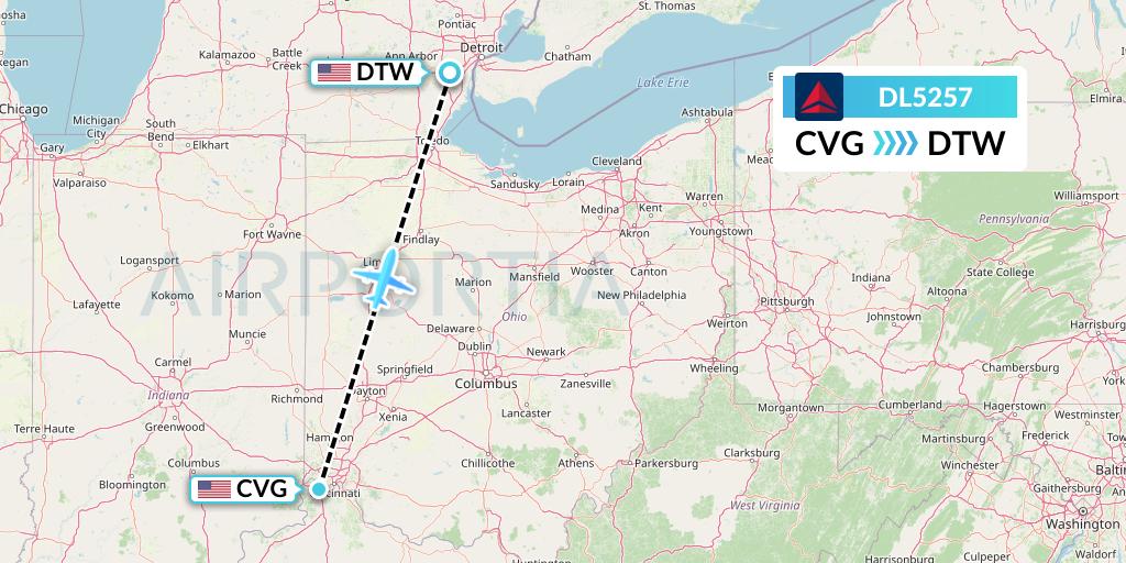 DL5257 Delta Air Lines Flight Map: Cincinnati to Detroit