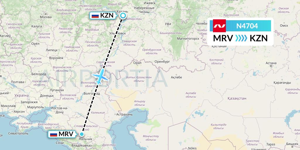 N4704 Nordwind Airlines Flight Map: Mineralnye Vody to Kazan