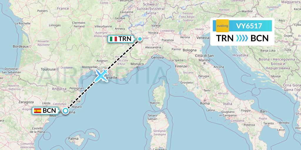 VY6517 Vueling Flight Map: Turin to Barcelona