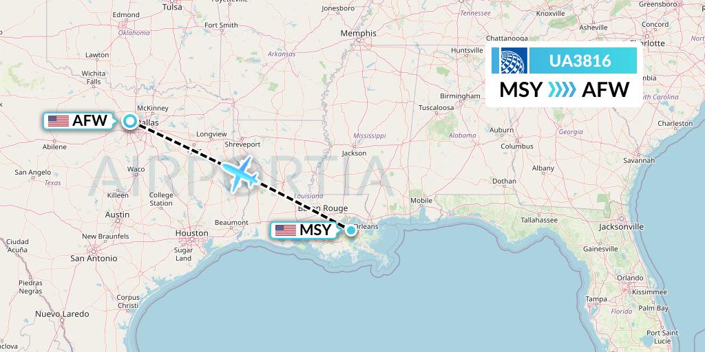 UA3816 United Airlines Flight Map: New Orleans to Fort Worth