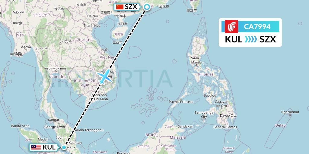 CA7994 Air China Flight Map: Kuala Lumpur to Shenzhen