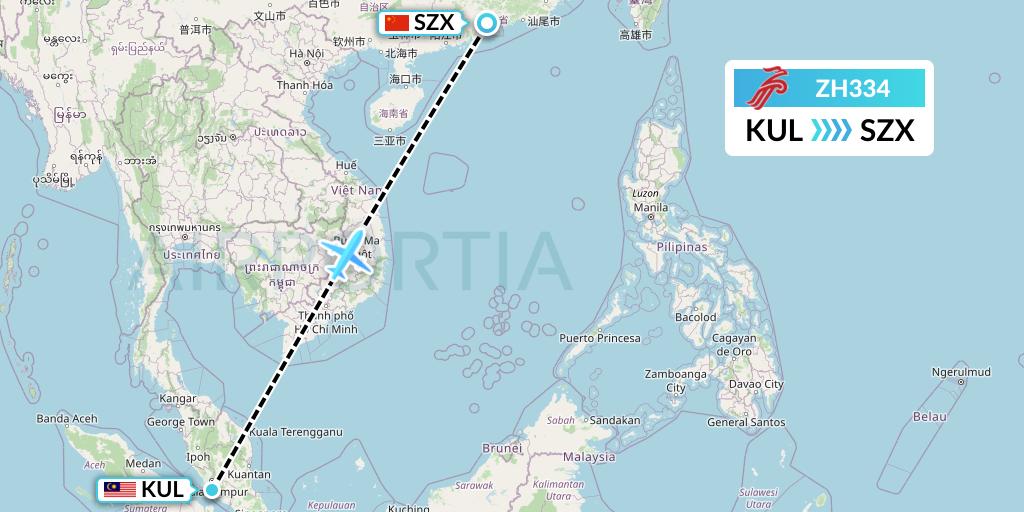 ZH334 Shenzhen Airlines Flight Map: Kuala Lumpur to Shenzhen