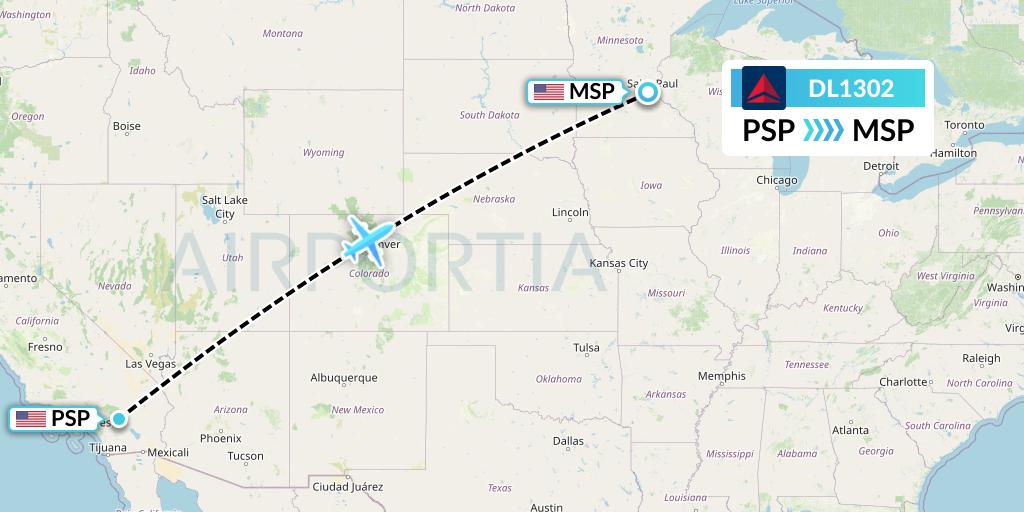 DL1302 Delta Air Lines Flight Map: Palm Springs to Minneapolis