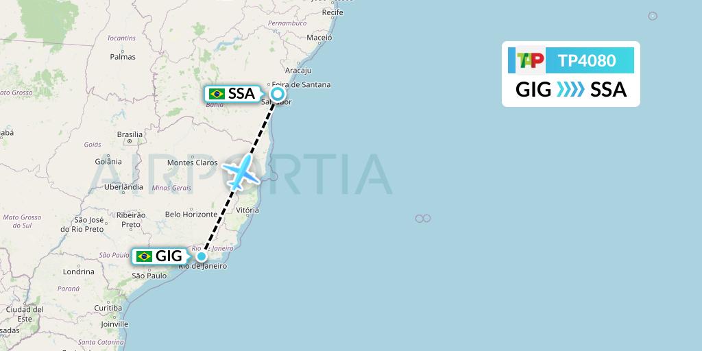 TP4080 TAP Portugal Flight Map: Rio de Janeiro to Salvador