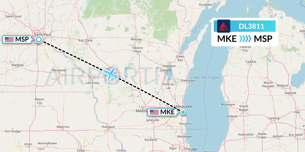 DL3811 Delta Air Lines Flight Map: Milwaukee to Minneapolis