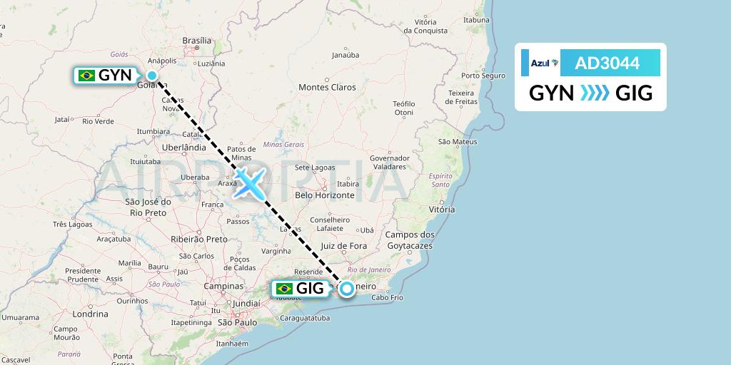 AD3044 Azul Brazilian Airlines Flight Map: Goiania to Rio de Janeiro