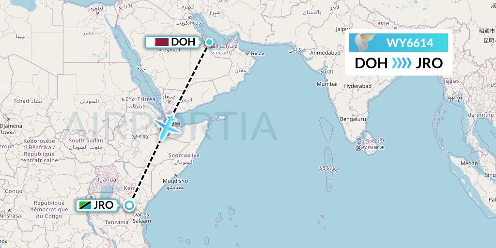 WY6614 Oman Air Flight Map: Doha to Kilimanjaro