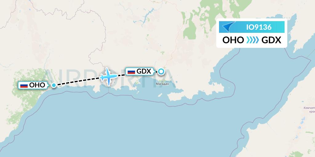 IO9136 IrAero Flight Map: Okhotsk to Magadan