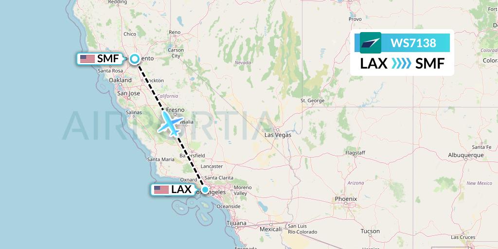 WS7138 WestJet Flight Map: Los Angeles to Sacramento