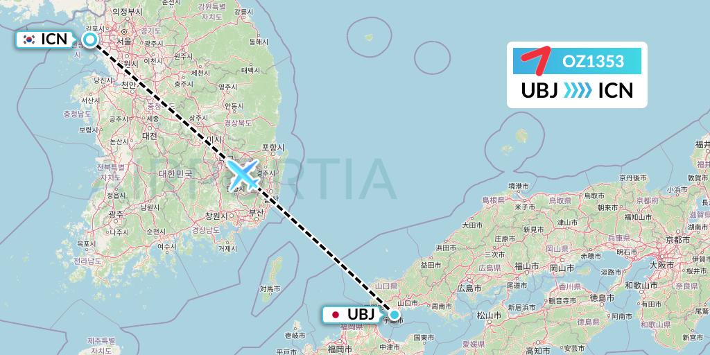 OZ1353 Asiana Airlines Flight Map: Ube to Seoul