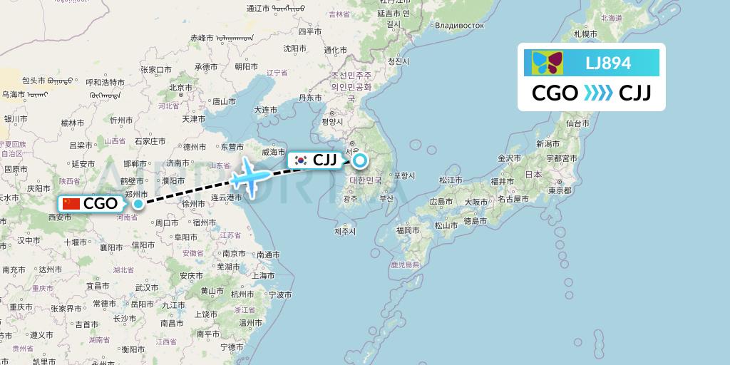 LJ894 Jin Air Flight Map: Zhengzhou to Cheongju