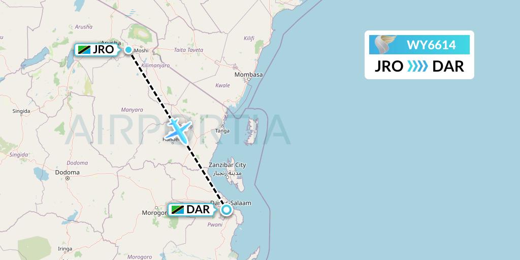 WY6614 Oman Air Flight Map: Kilimanjaro to Dar-es-Salaam