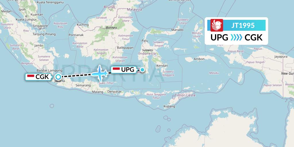 JT1995 Lion Airlines Flight Map: Makassar to Jakarta