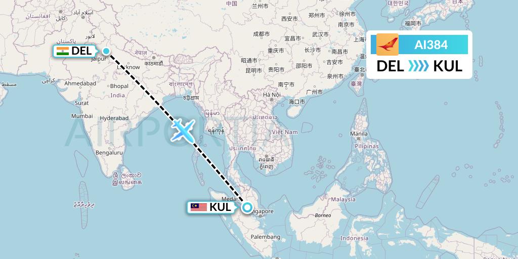 AI384 Air India Flight Map: Delhi to Kuala Lumpur