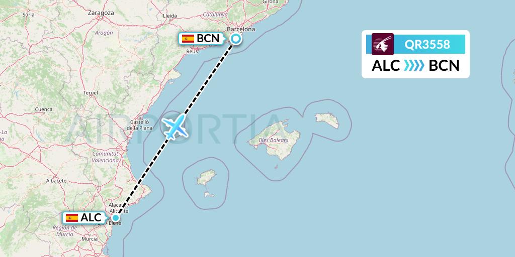 QR3558 Qatar Airways Flight Map: Alicante to Barcelona