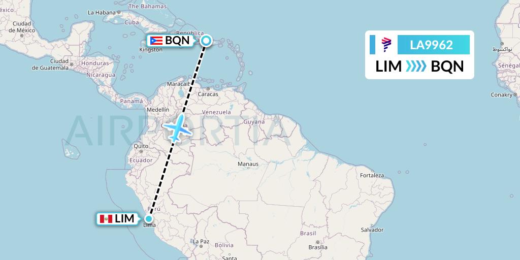 LA9962 LAN Airlines Flight Map: Lima to Aguadilla