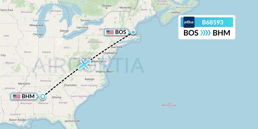 B68593 JetBlue Airways Flight Map: Boston to Birmingham