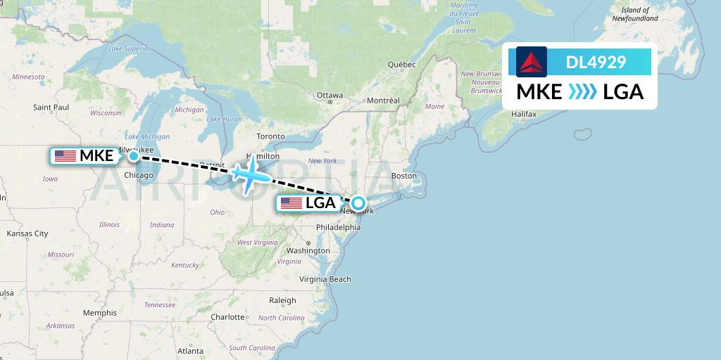 DL4929 Delta Air Lines Flight Map: Milwaukee to New York