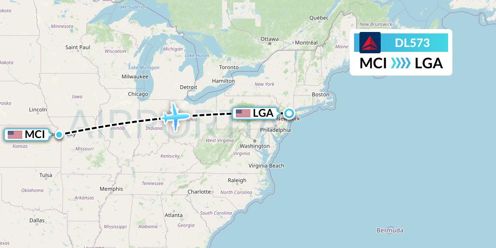 DL573 Delta Air Lines Flight Map: Kansas City to New York