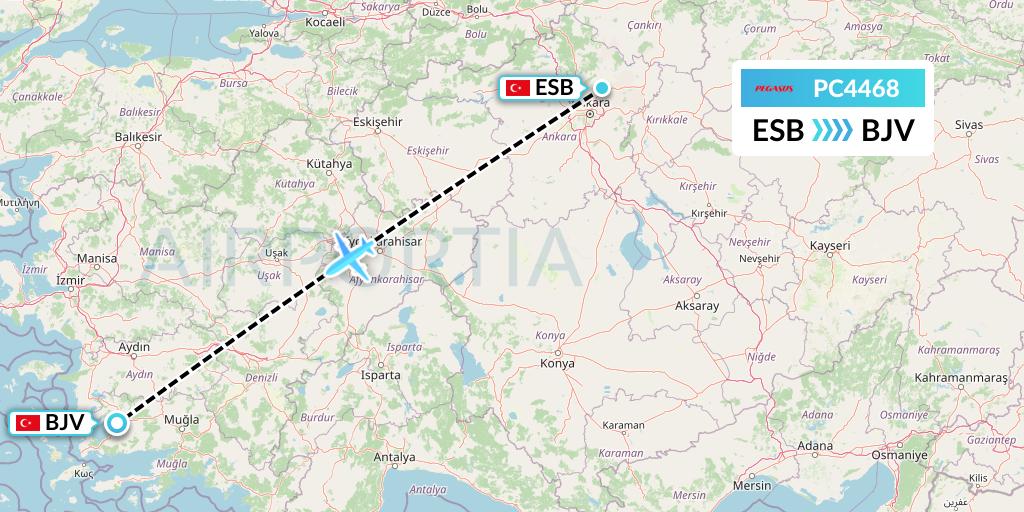 PC4468 Pegasus Airlines Flight Map: Ankara to Bodrum
