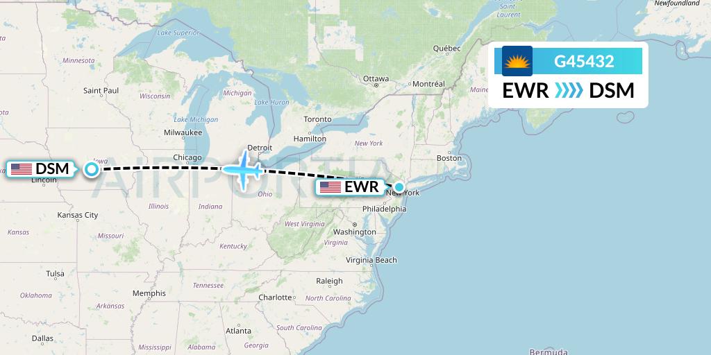 G45432 Allegiant Air Flight Map: New York to Des Moines