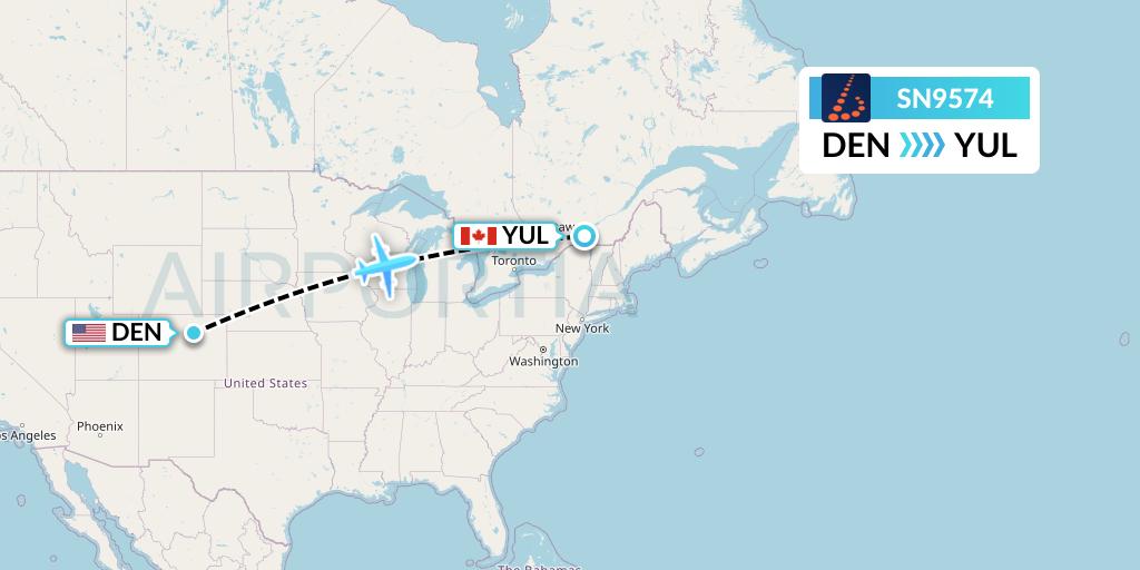 SN9574 Brussels Airlines Flight Map: Denver to Montreal