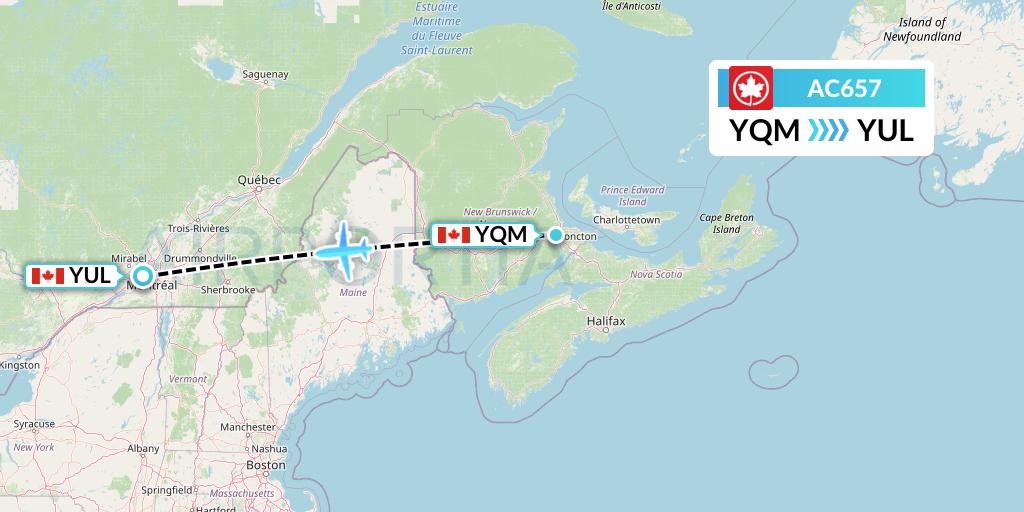 AC657 Air Canada Flight Map: Moncton to Montreal