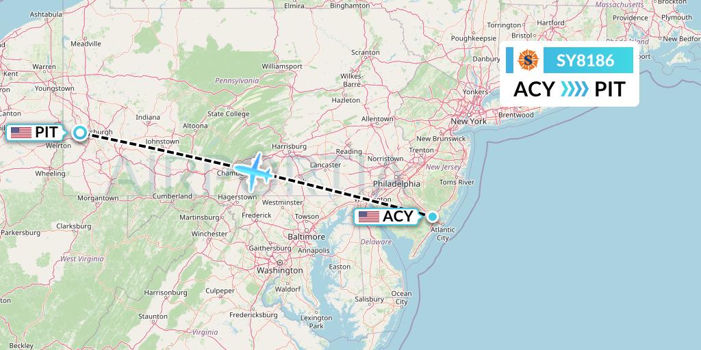 SY8186 Sun Country Airlines Flight Map: Atlantic City to Pittsburgh