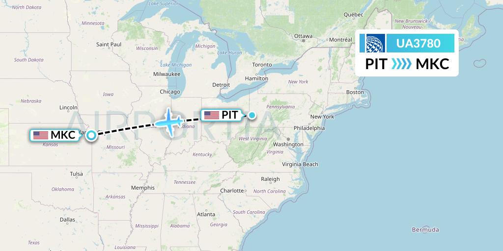 UA3780 United Airlines Flight Map: Pittsburgh to Kansas City
