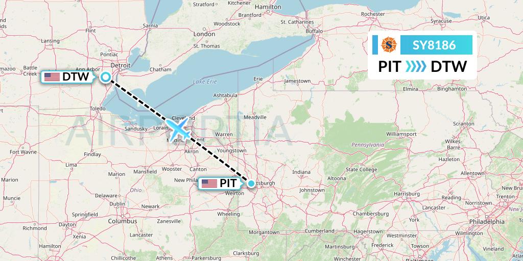 SY8186 Sun Country Airlines Flight Map: Pittsburgh to Detroit