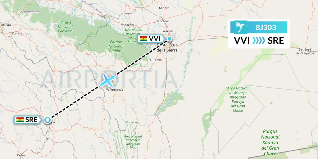 8J303 EcoJet Flight Map: Santa Cruz to Sucre