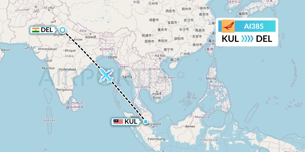 AI385 Air India Flight Map: Kuala Lumpur to Delhi