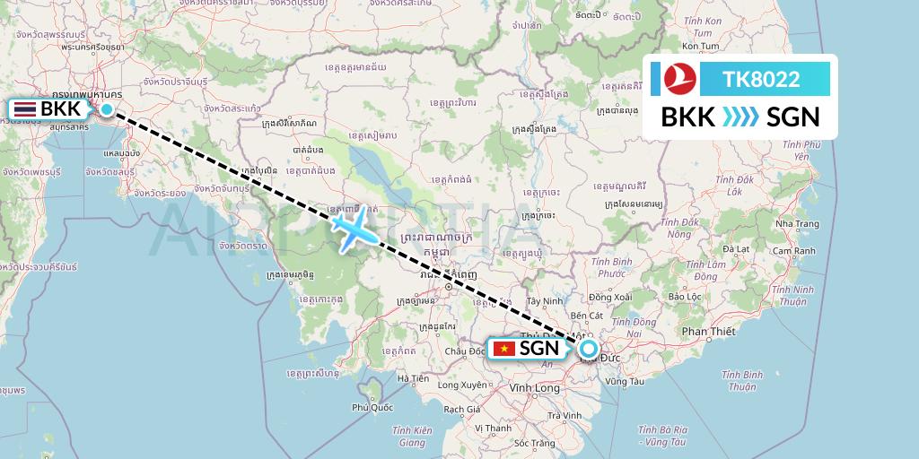 TK8022 Turkish Airlines Flight Map: Bangkok to Ho Chi Minh City