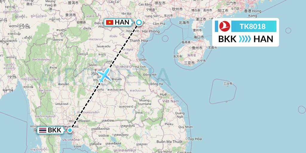 TK8018 Turkish Airlines Flight Map: Bangkok to Hanoi