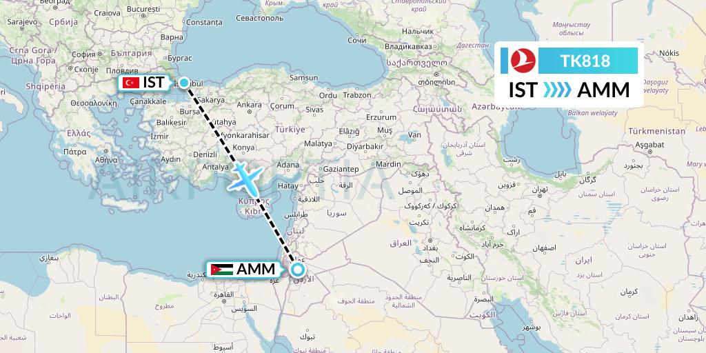 TK818 Turkish Airlines Flight Map: Istanbul to Amman