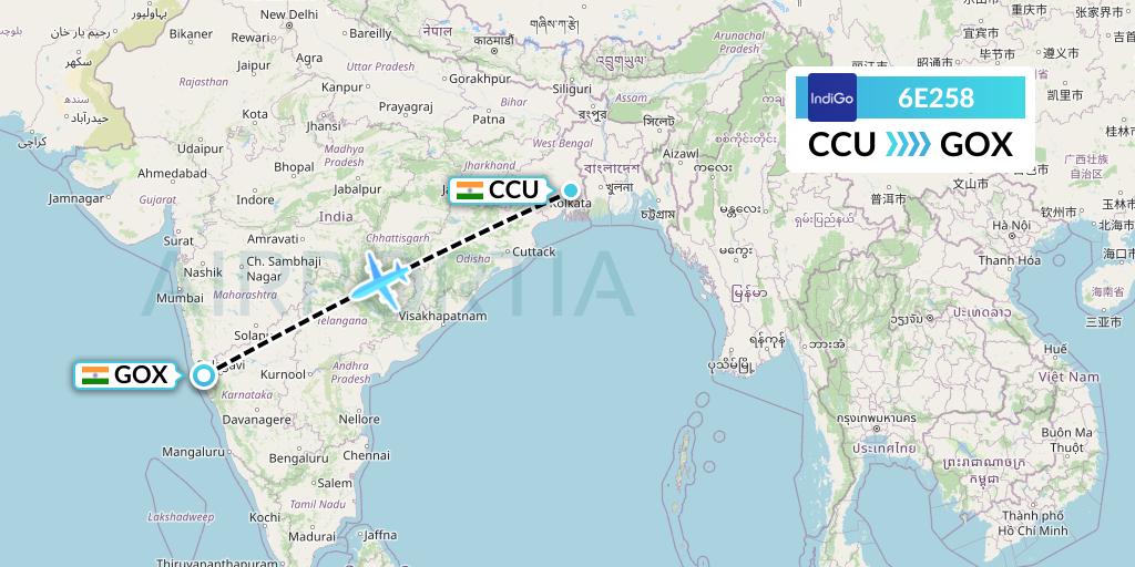 6E258 IndiGo Airlines Flight Map: Kolkata to Goa