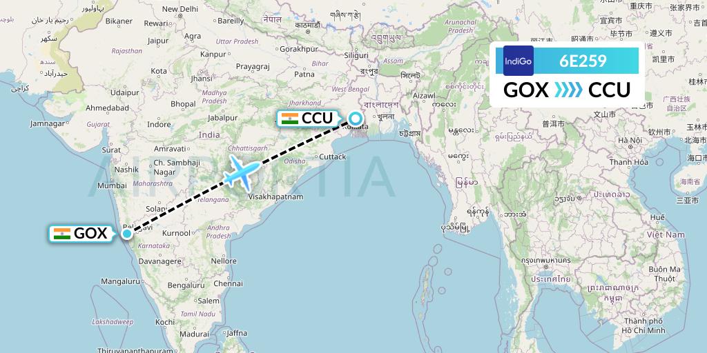 6E259 IndiGo Airlines Flight Map: Goa to Kolkata