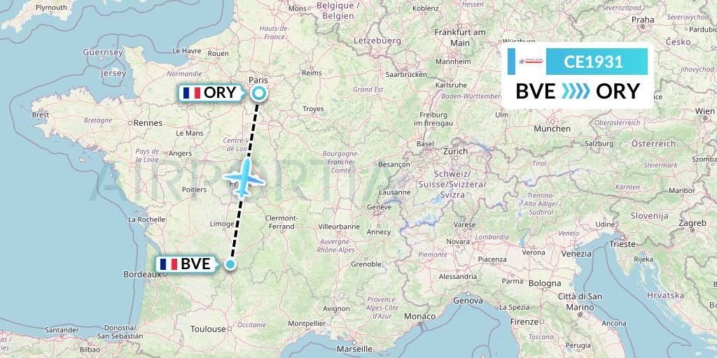 CE1931 Chalair Aviation Flight Map: Brive to Paris