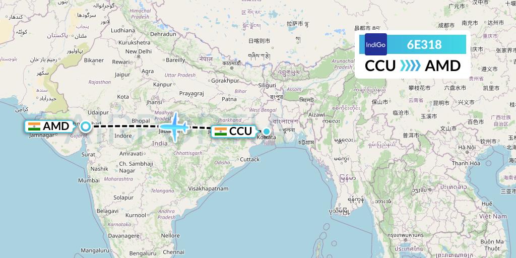 6E318 IndiGo Airlines Flight Map: Kolkata to Ahmedabad