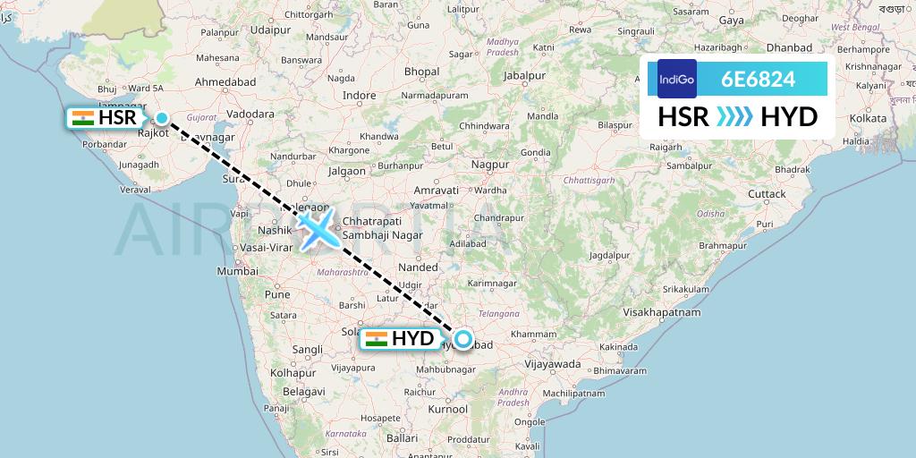 6E6824 IndiGo Airlines Flight Map: Rajkot to Hyderabad