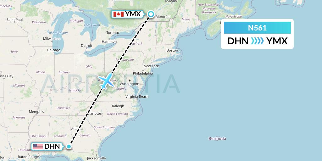 N561 Nolinor Aviation Flight Map: Dothan to Montreal