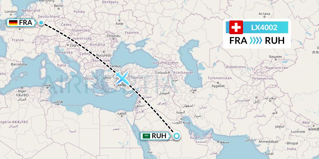LX4002 Swiss Flight Map: Frankfurt to Riyadh