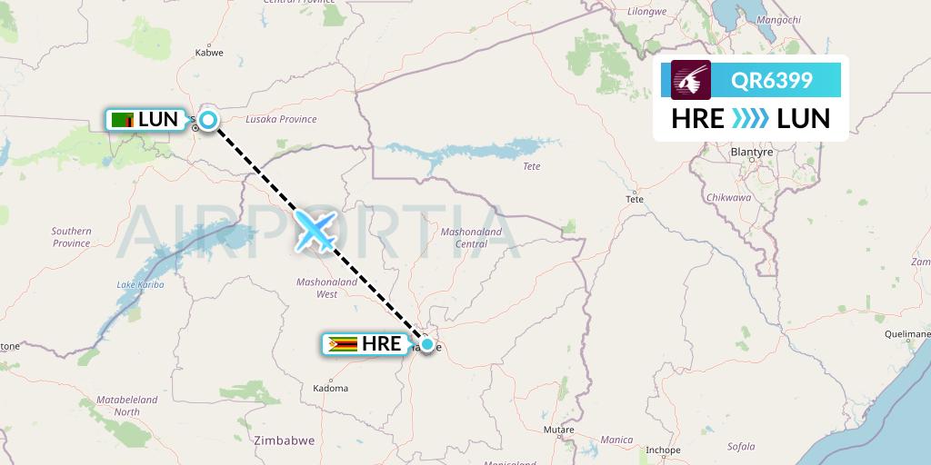 QR6399 Qatar Airways Flight Map: Harare to Lusaka