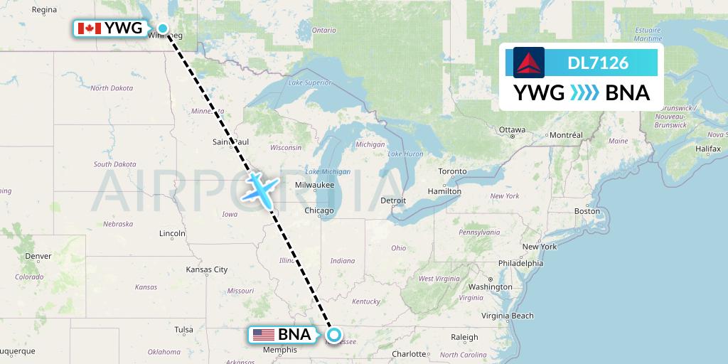 DL7126 Delta Air Lines Flight Map: Winnipeg to Nashville