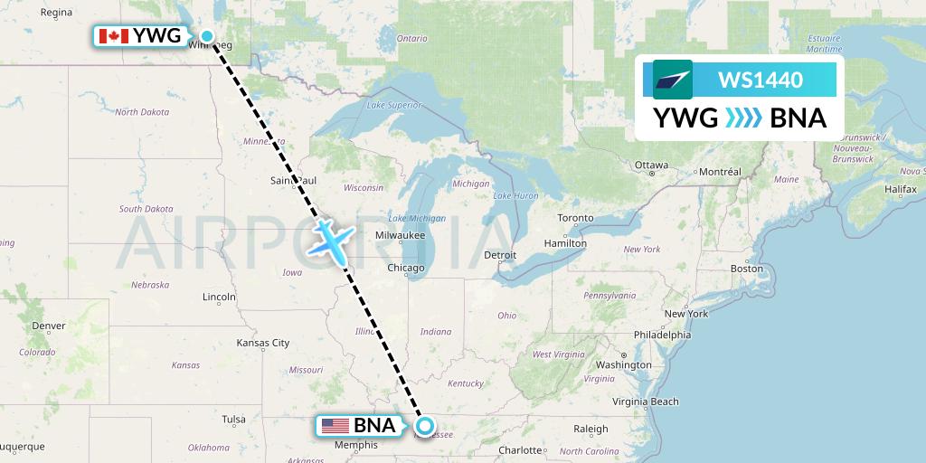 WS1440 WestJet Flight Map: Winnipeg to Nashville