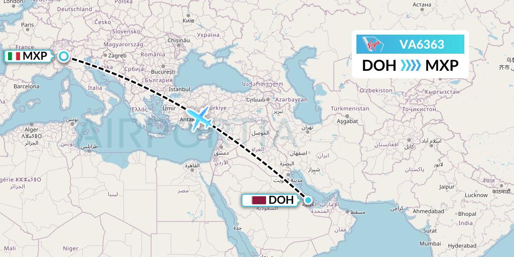 VA6363 Virgin Australia Flight Map: Doha to Milan