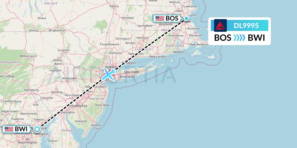 DL9995 Delta Air Lines Flight Map: Boston to Baltimore
