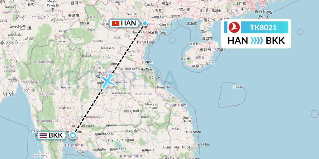 TK8021 Turkish Airlines Flight Map: Hanoi to Bangkok