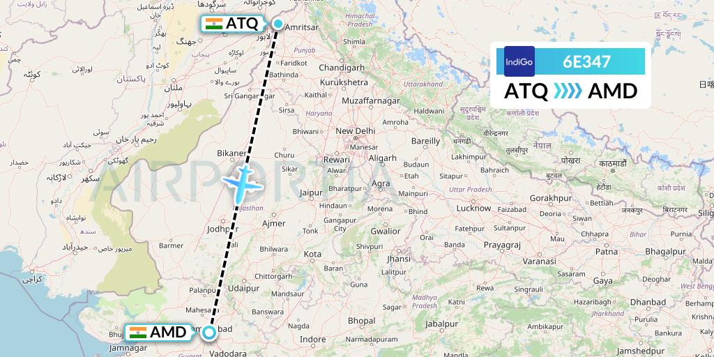 6E347 IndiGo Airlines Flight Map: Amritsar to Ahmedabad