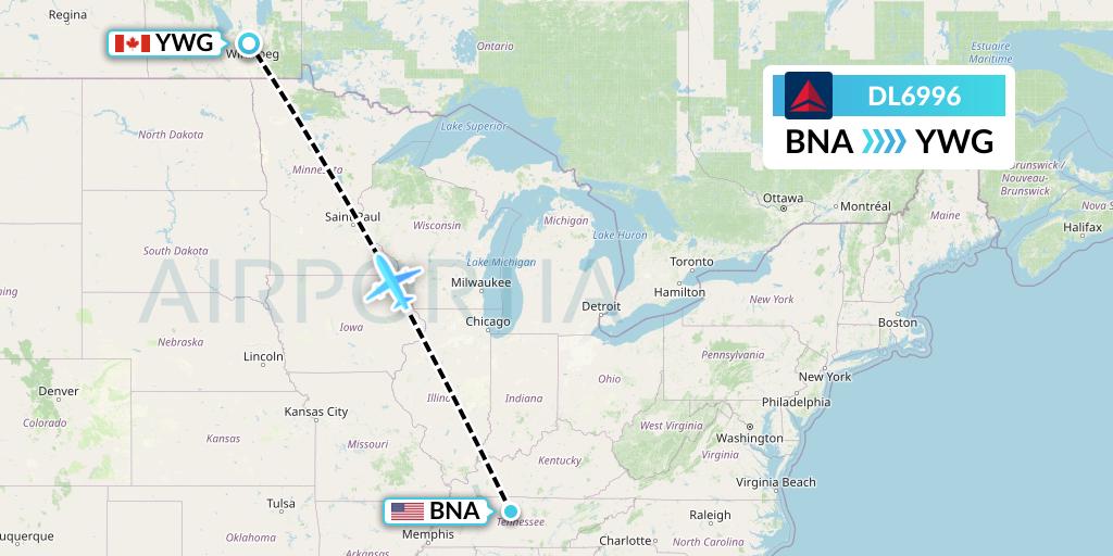 DL6996 Delta Air Lines Flight Map: Nashville to Winnipeg